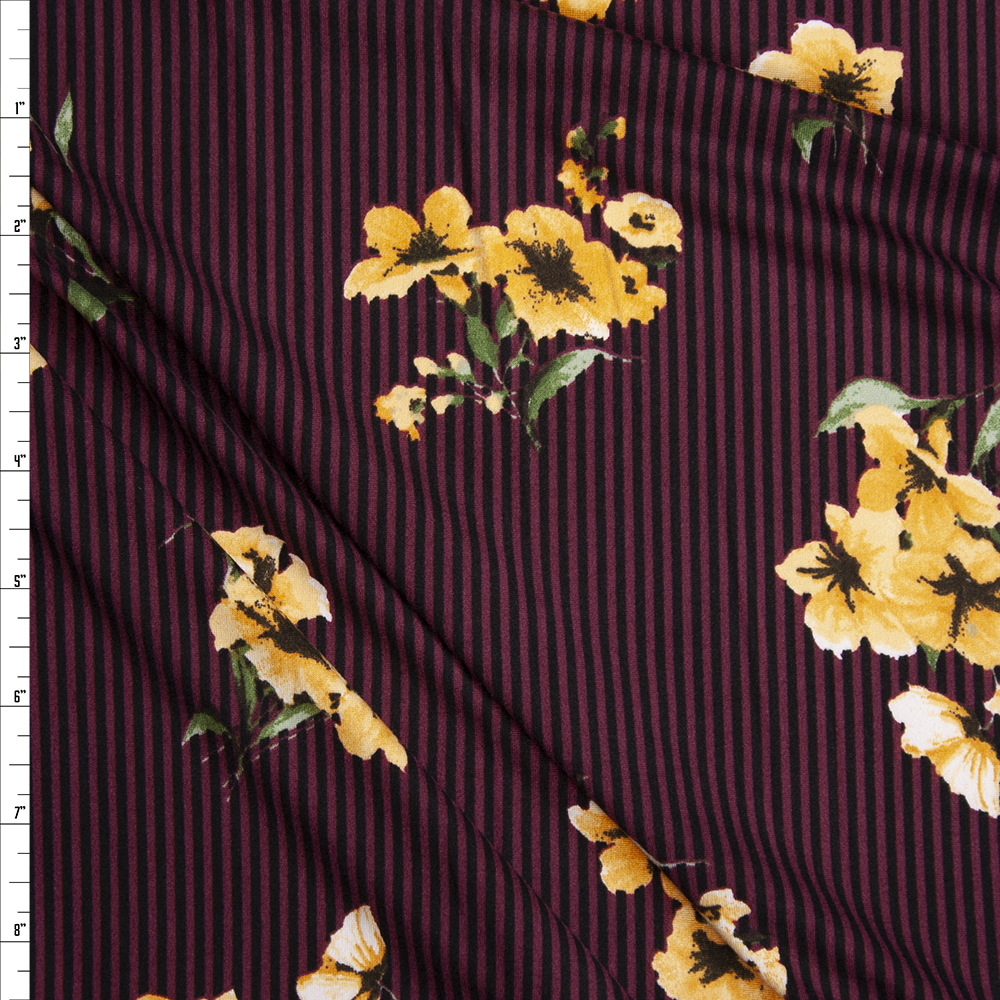 Yellow and Sage Flowers on Black and Wine Stripe Double Brushed Poly Spandex Knit Fabric By The Yard