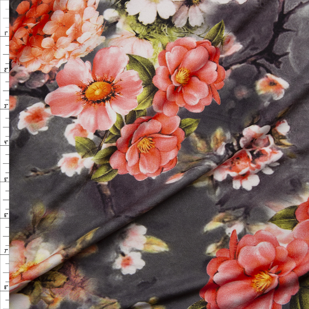 Vibrant Pink Floral on Charcoal Tie Dye Double Brushed Poly Spandex Knit Fabric By The Yard