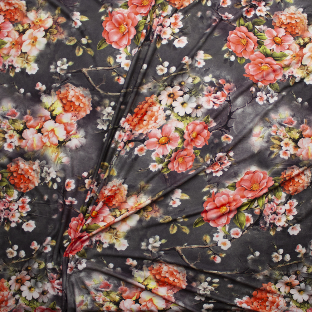Vibrant Pink Floral on Charcoal Tie Dye Double Brushed Poly Spandex Knit Fabric By The Yard - Wide shot