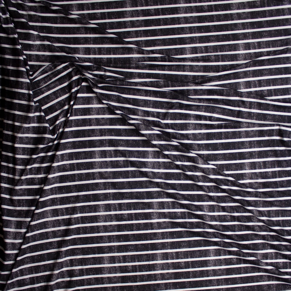 White Horizontal Stripe on Grunge Black Denim Look Print Double Brushed Poly Spandex Knit Fabric By The Yard - Wide shot
