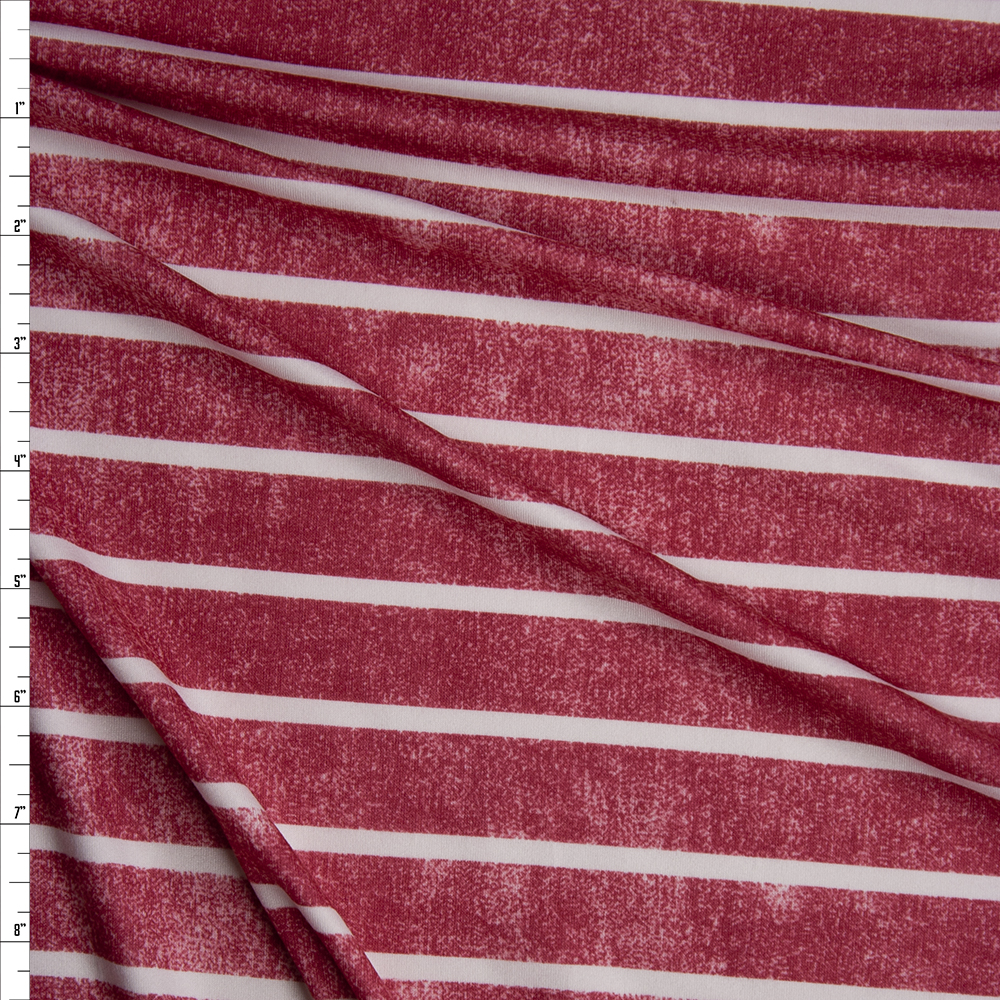 White Horizontal Stripe on Grunge Red Denim Look Print Double Brushed Poly Spandex Knit Fabric By The Yard