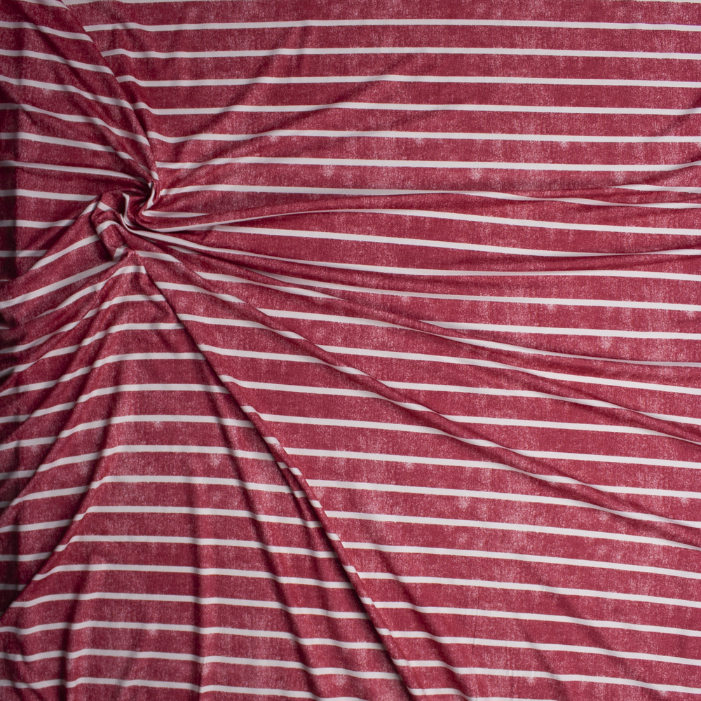 White Horizontal Stripe on Grunge Red Denim Look Print Double Brushed Poly Spandex Knit Fabric By The Yard - Wide shot