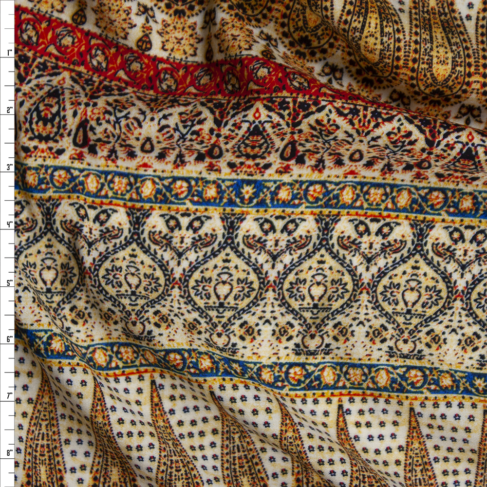Tan, Yellow, Red, and Blue Bohemian Stripe Rayon Challis Fabric By The Yard