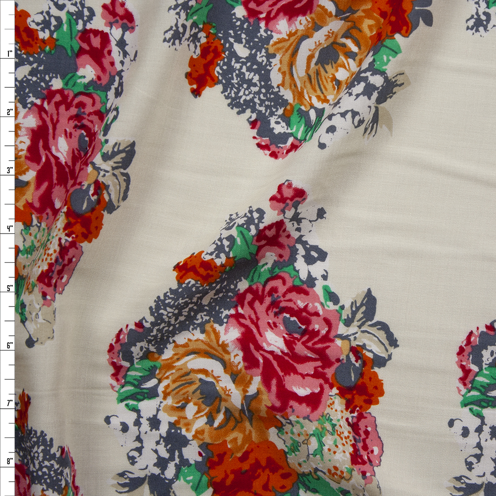 Pink, Mustard, Orange, and Green Floral on Ivory Rayon Challis Fabric By The Yard