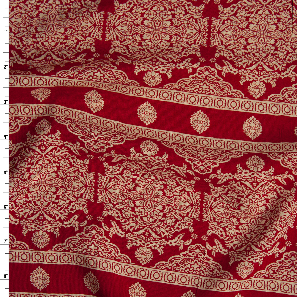 Red and Tan Bohemian Stripe Rayon Challis Fabric By The Yard