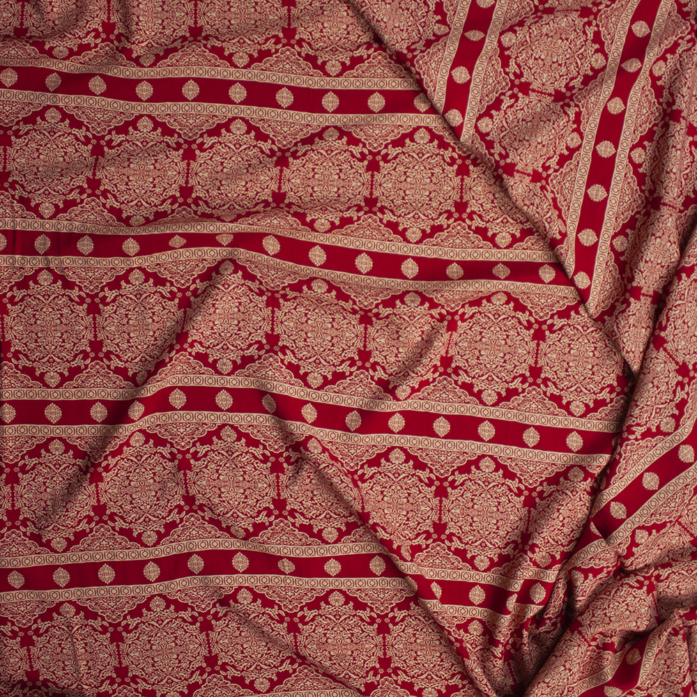 Red and Tan Bohemian Stripe Rayon Challis Fabric By The Yard - Wide shot