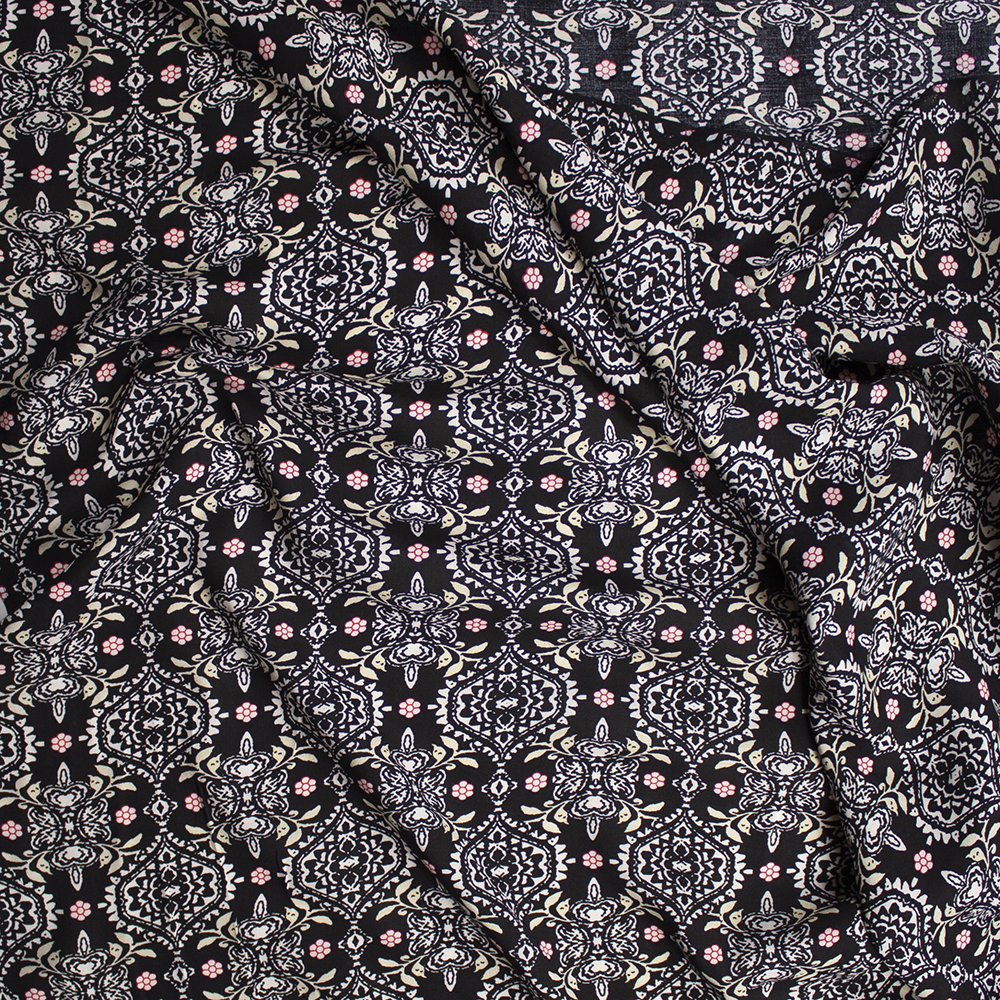 White, Black, Red, and Ivory Floral Medallion Print Rayon Challis Fabric By The Yard - Wide shot