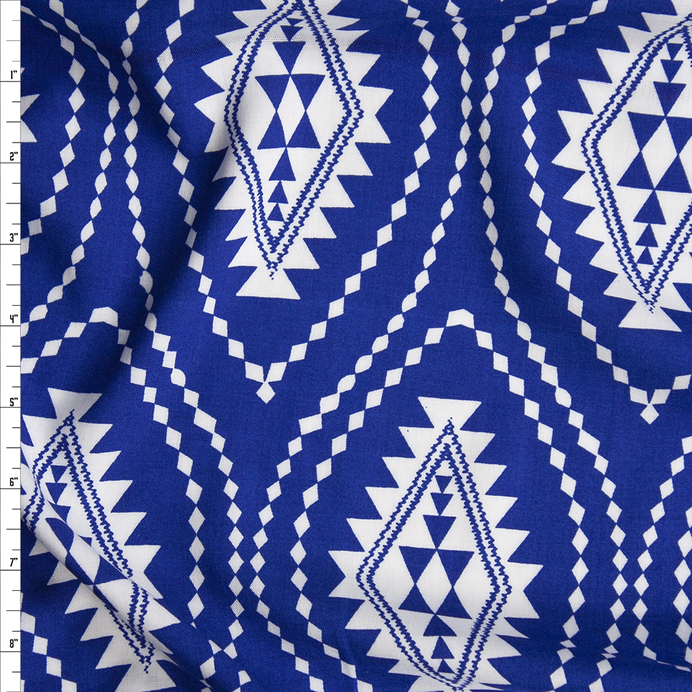 White Tribal Medallions on Royal Blue Rayon Challis Fabric By The Yard