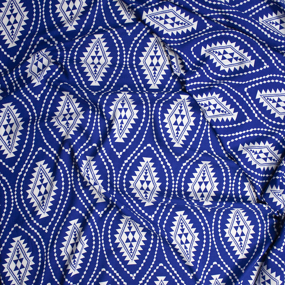 White Tribal Medallions on Royal Blue Rayon Challis Fabric By The Yard - Wide shot