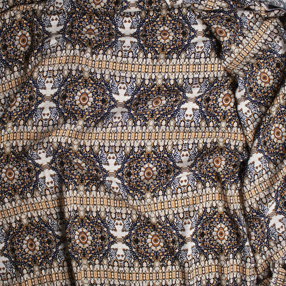 Tan, Mustard, Ivory, and Black Bohemian Stripe Rayon Challis Fabric By The Yard - Wide shot