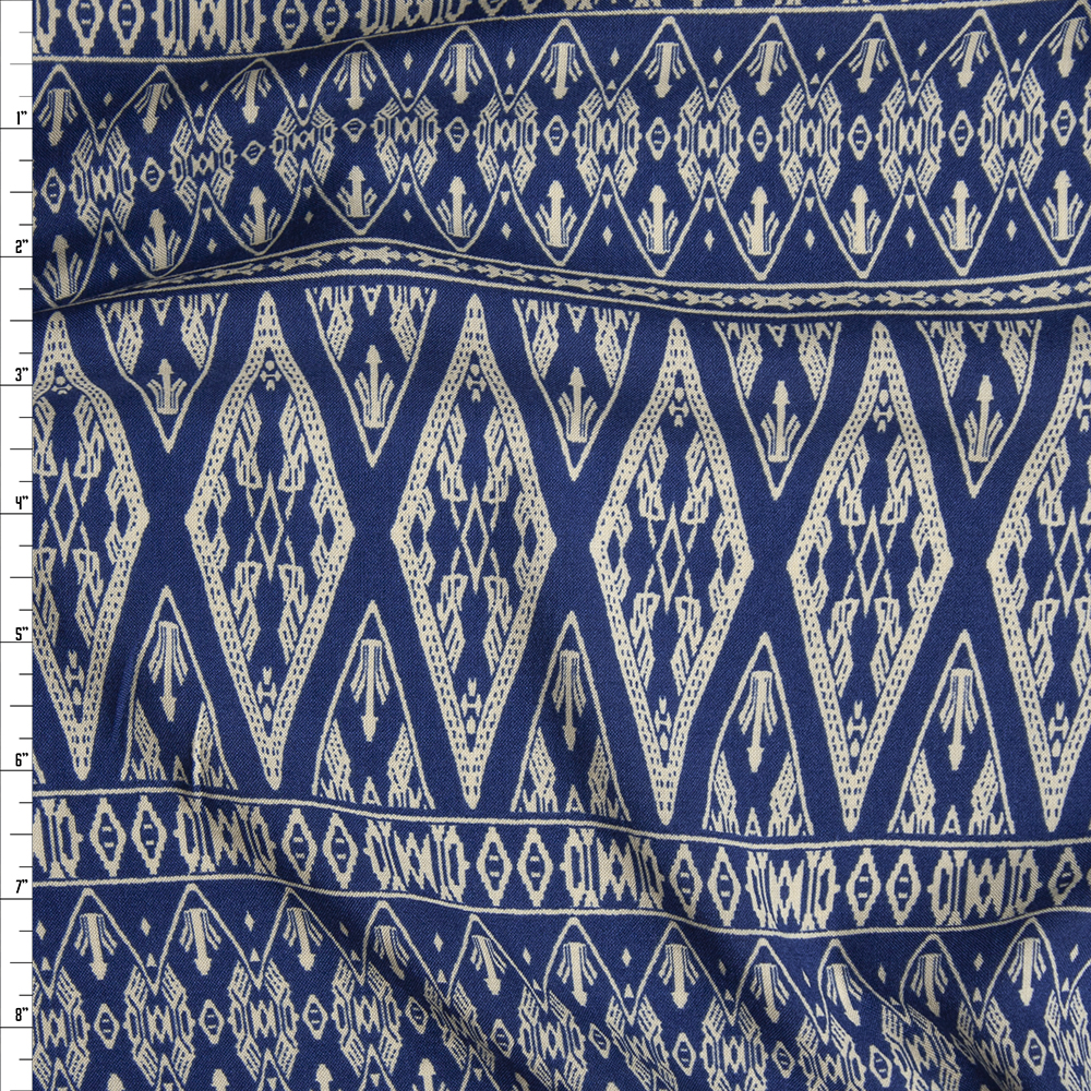 Ivory on Dark Slate Diamond Bohemian Stripe Rayon Challis Fabric By The Yard