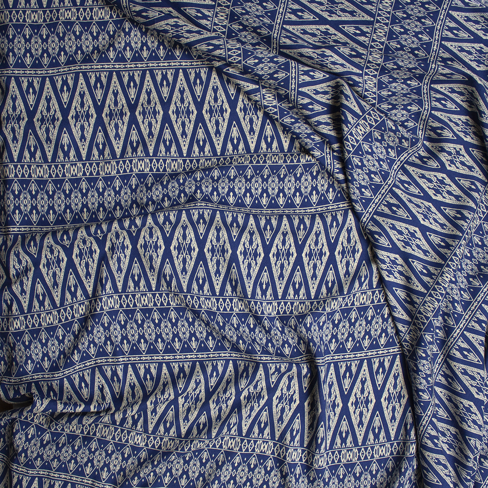 Ivory on Dark Slate Diamond Bohemian Stripe Rayon Challis Fabric By The Yard - Wide shot