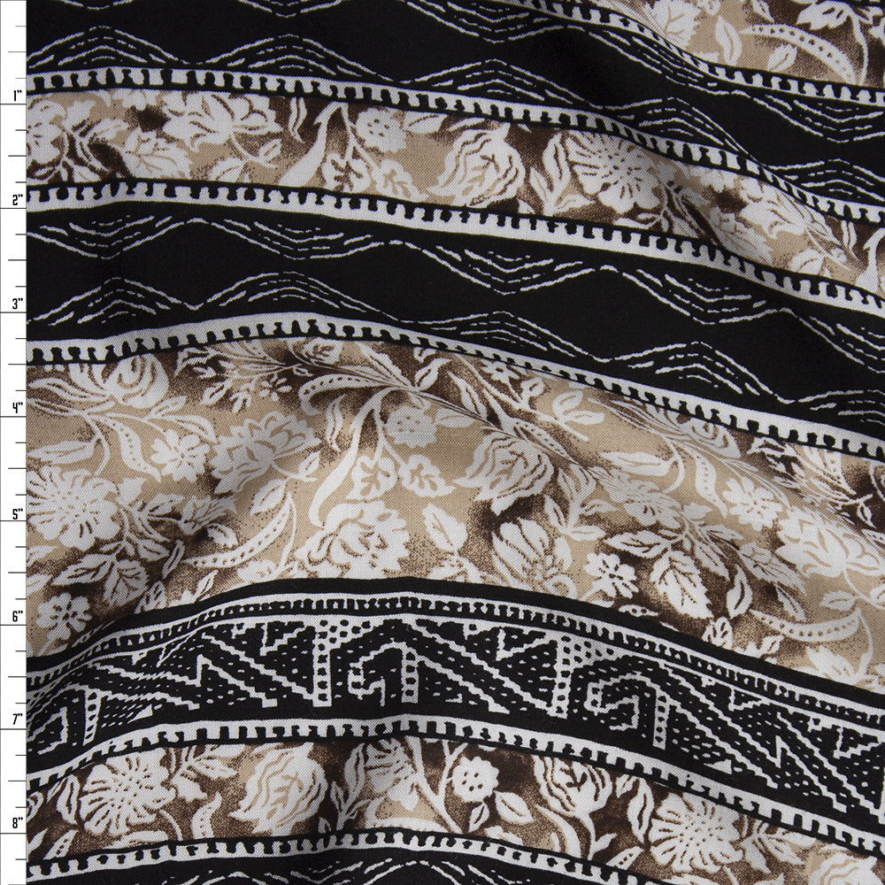 Black, Tan, and Ivory Floral Tribal Stripe Rayon Challis Fabric By The Yard