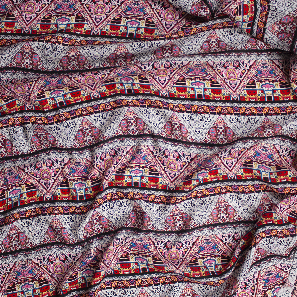 Pink, Red, White, and Yellow Bohemian Stripe Rayon Challis Fabric By The Yard - Wide shot