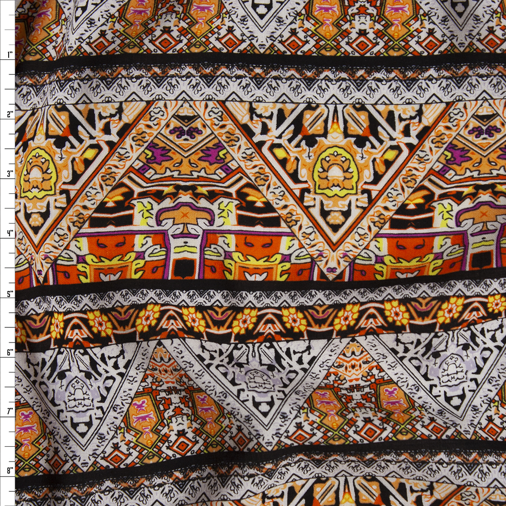 Orange, Peach, and White Bohemian Stripe Rayon Challis Fabric By The Yard