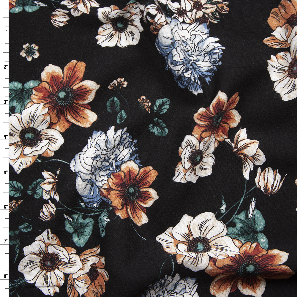 Rust, Ivory, and Emerald Illustrated Flowers on Black Rayon Challis Fabric By The Yard