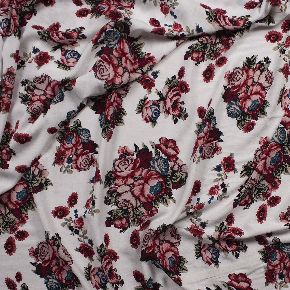 Wine, Pink, Tan, and Blue Rose Floral on Offwhite Rayon Challis Fabric By The Yard - Wide shot