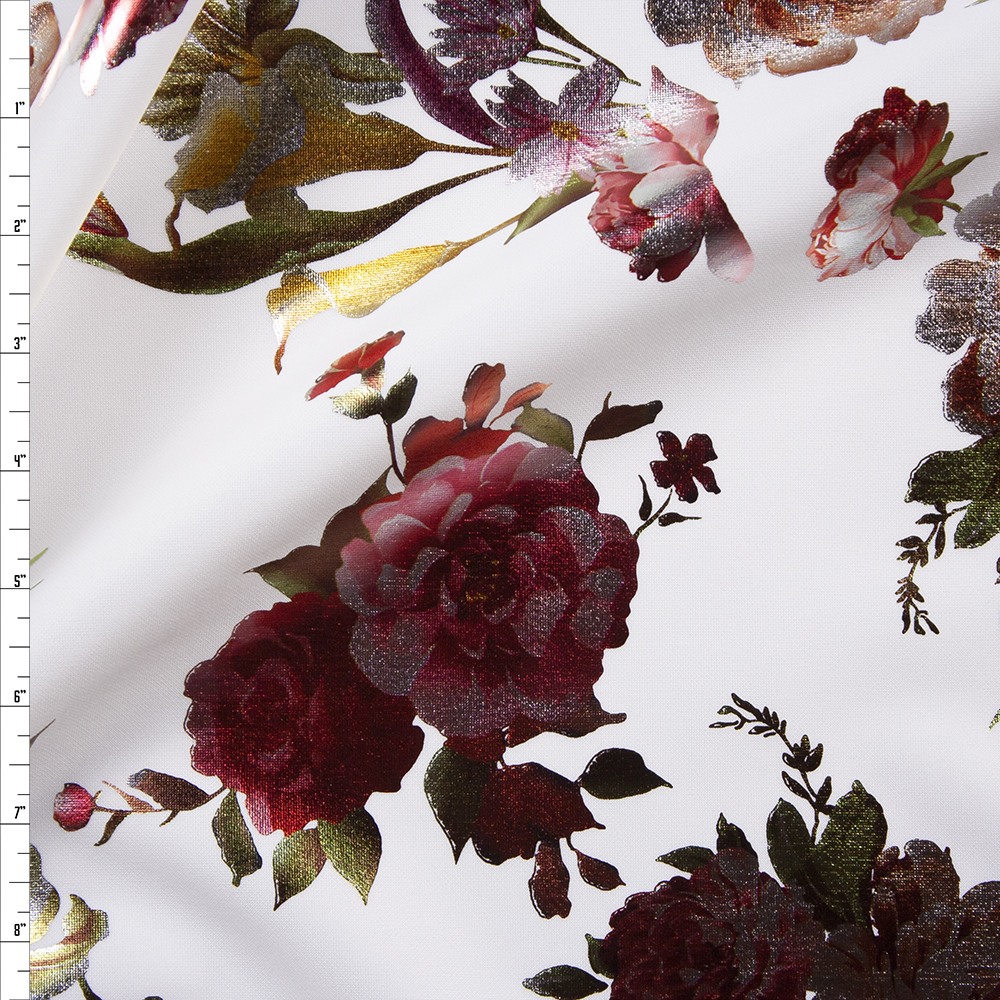 Red and Gold Floral on White Scuba Knit Fabric By The Yard