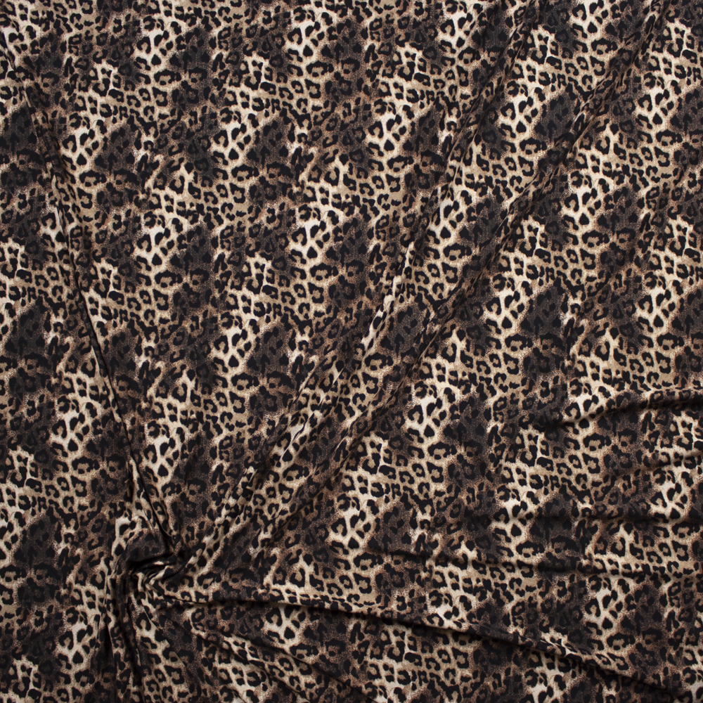 Black, Tan, and Brown Cheetah Print Double Brushed Poly Spandex Knit Fabric By The Yard - Wide shot