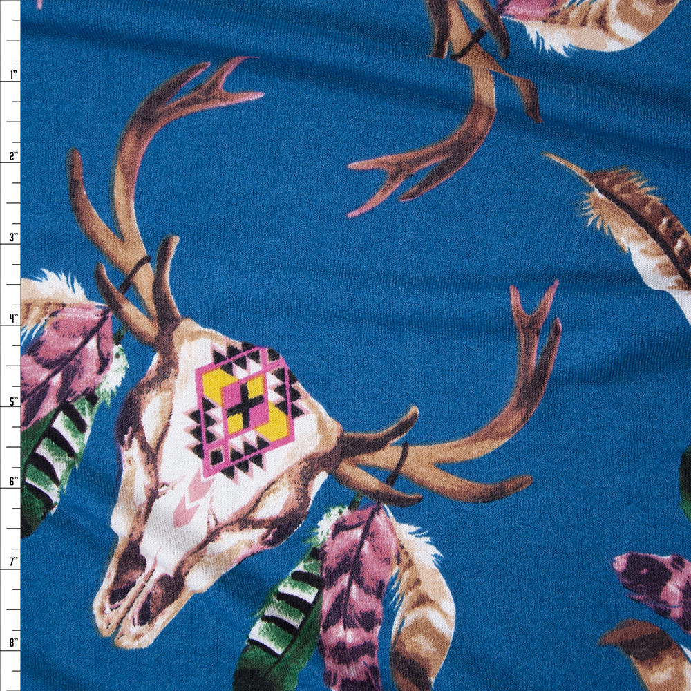 Feathered Deer Skulls on Teal Soft Sweater Knit Fabric By The Yard