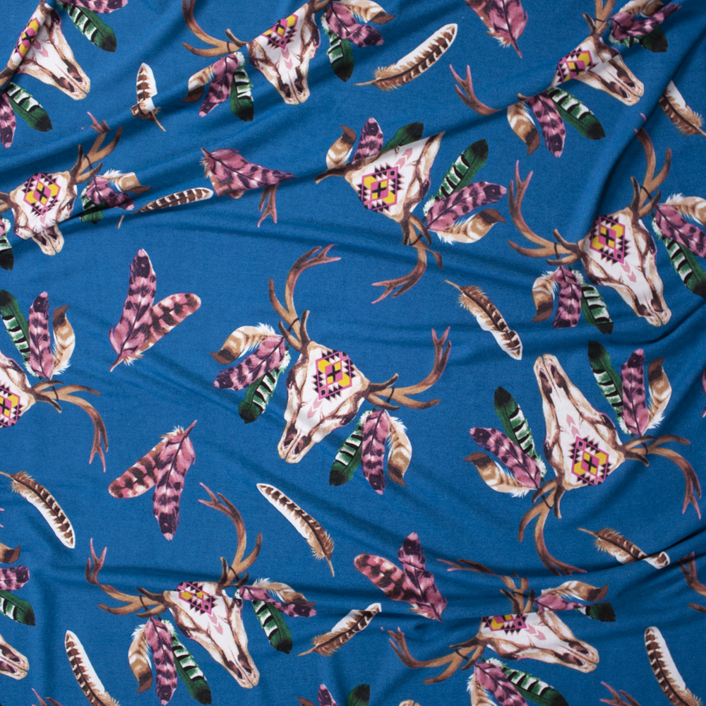Feathered Deer Skulls on Teal Soft Sweater Knit Fabric By The Yard - Wide shot