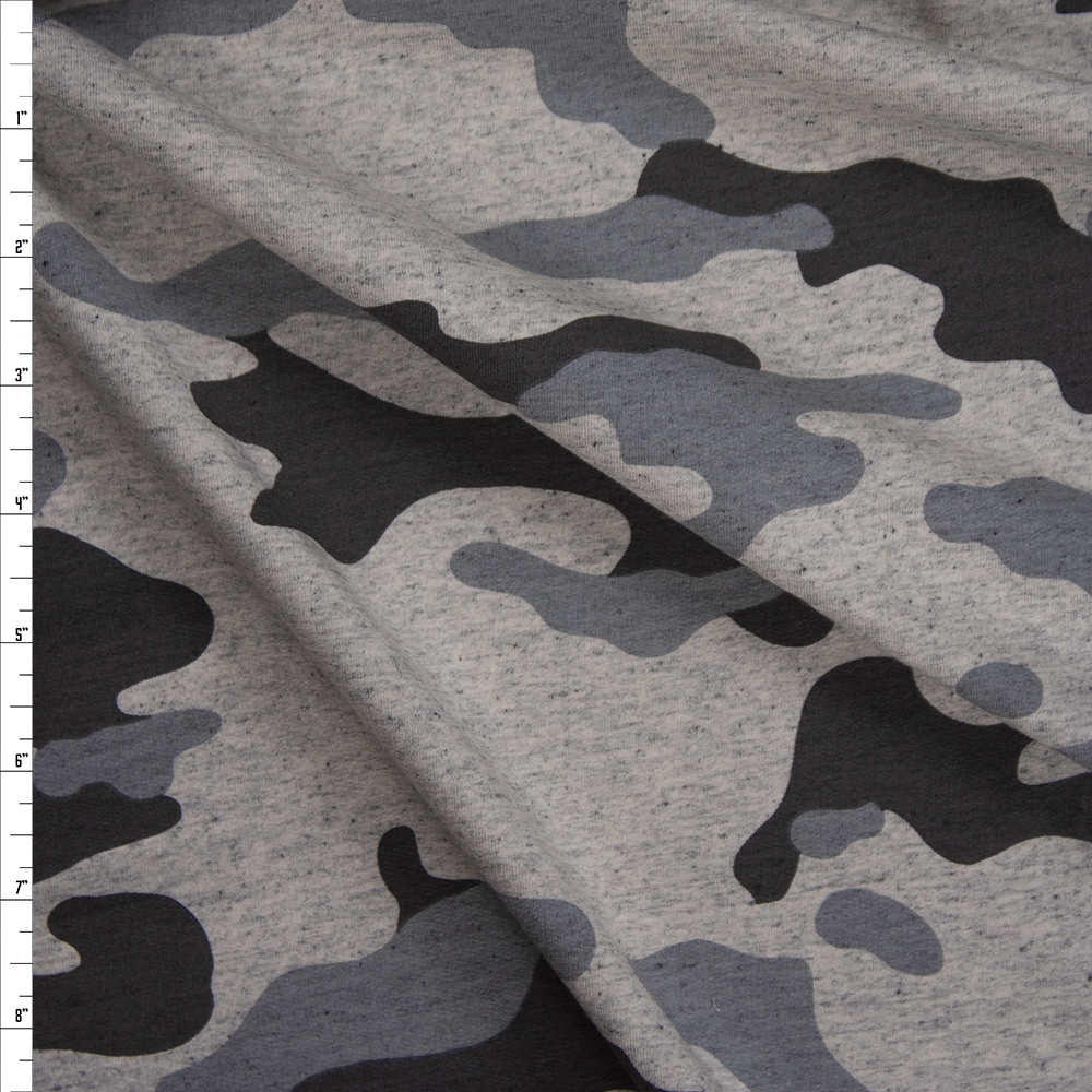 Grey Camouflage on Warm Grey Heather Cotton French Terry Fabric By The Yard