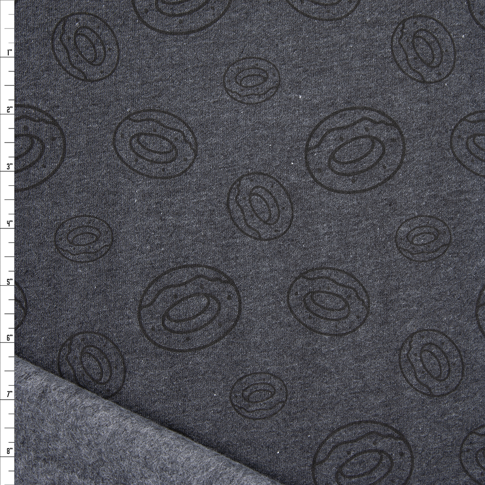Black on Heather Charcoal Donut Print Midweight Sweatshirt Fleece Fabric By The Yard