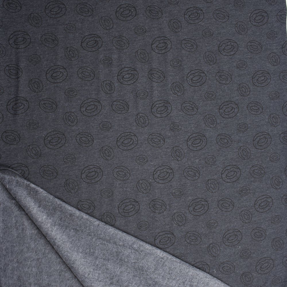 Black on Heather Charcoal Donut Print Midweight Sweatshirt Fleece Fabric By The Yard - Wide shot