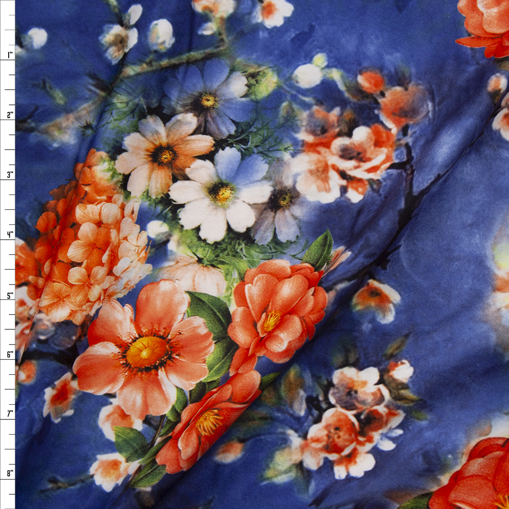 Bright Coral Floral on Navy and Slate Tie Dye Double Brushed Poly/Spandex Fabric By The Yard