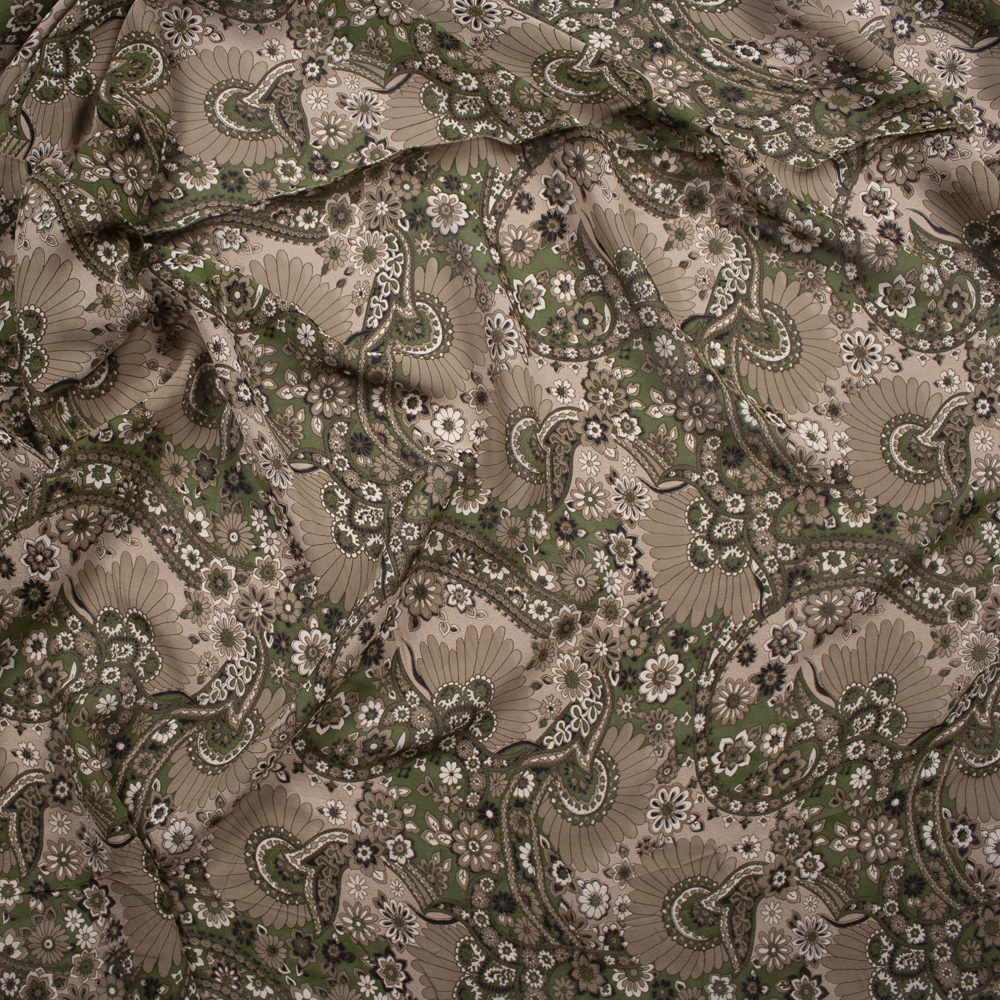 Olive, Tan, Brown, and Black Floral Paisley Print Cotton Voile Fabric By The Yard - Wide shot