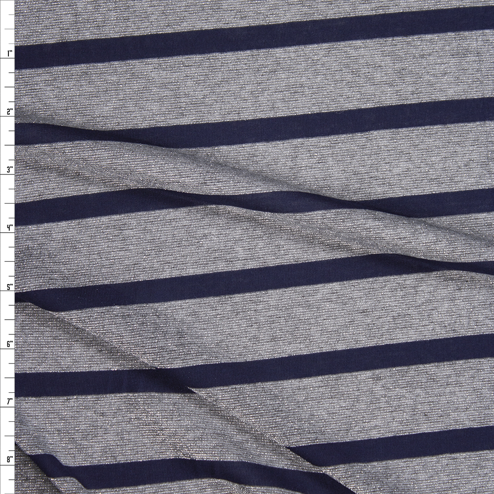Sparkling Silver Grey and Navy Stripe Lightweight Stretch Jersey Fabric By The Yard