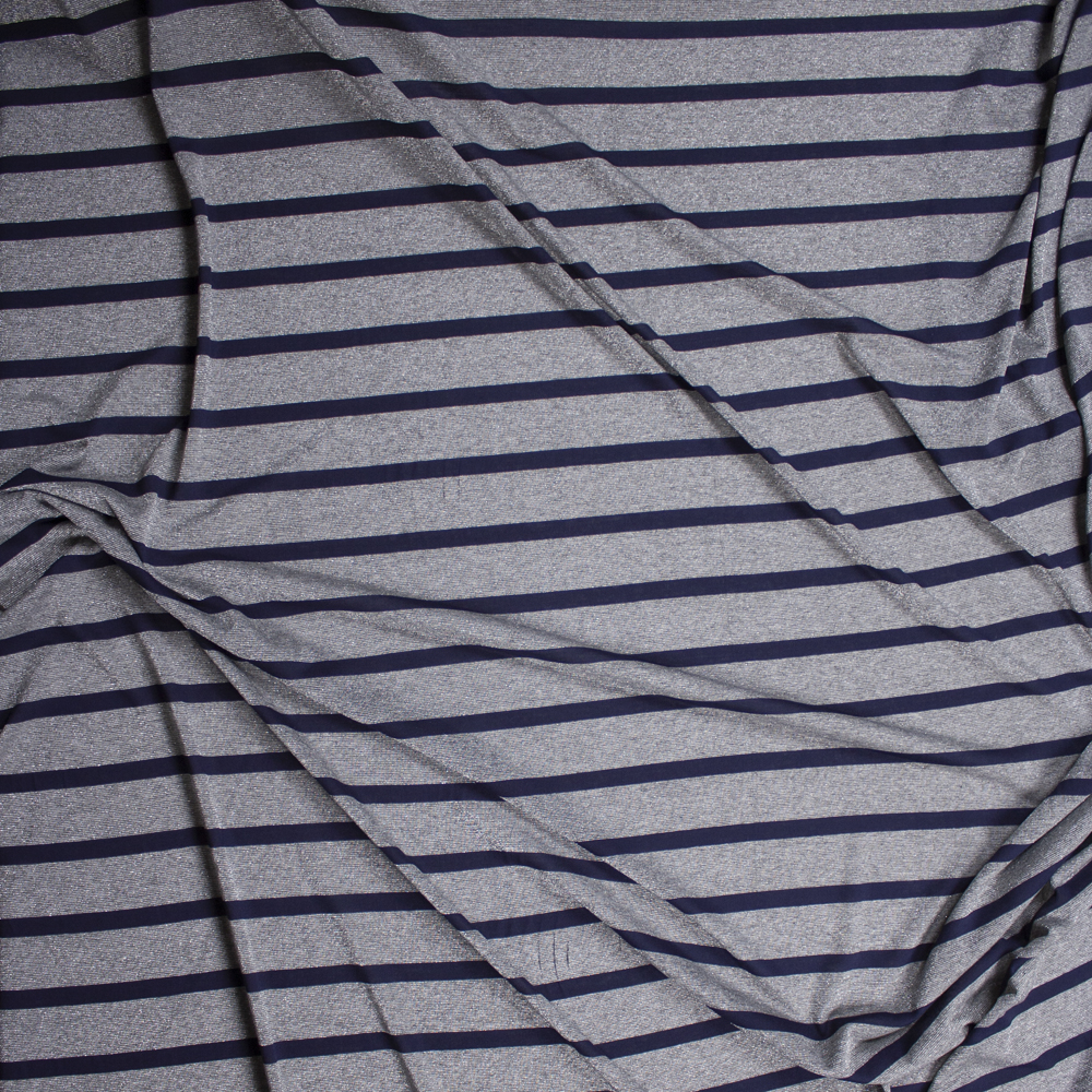 Sparkling Silver Grey and Navy Stripe Lightweight Stretch Jersey Fabric By The Yard - Wide shot