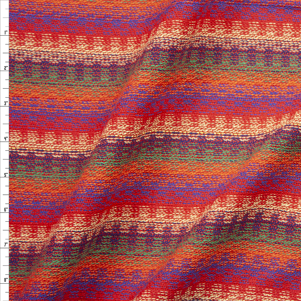 Red, Orange, Ivory, Olive, and Purple Loose Woven Sarape Stripe Fabric By The Yard