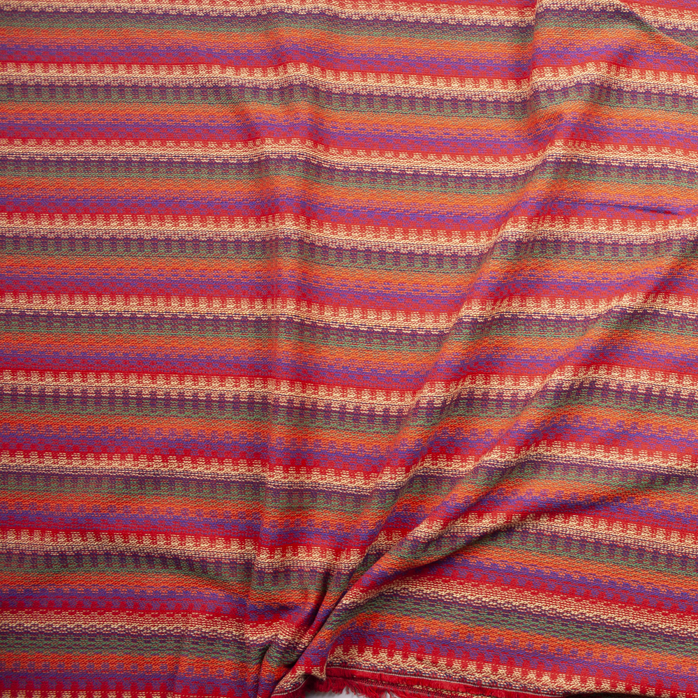 Red, Orange, Ivory, Olive, and Purple Loose Woven Sarape Stripe Fabric By The Yard - Wide shot