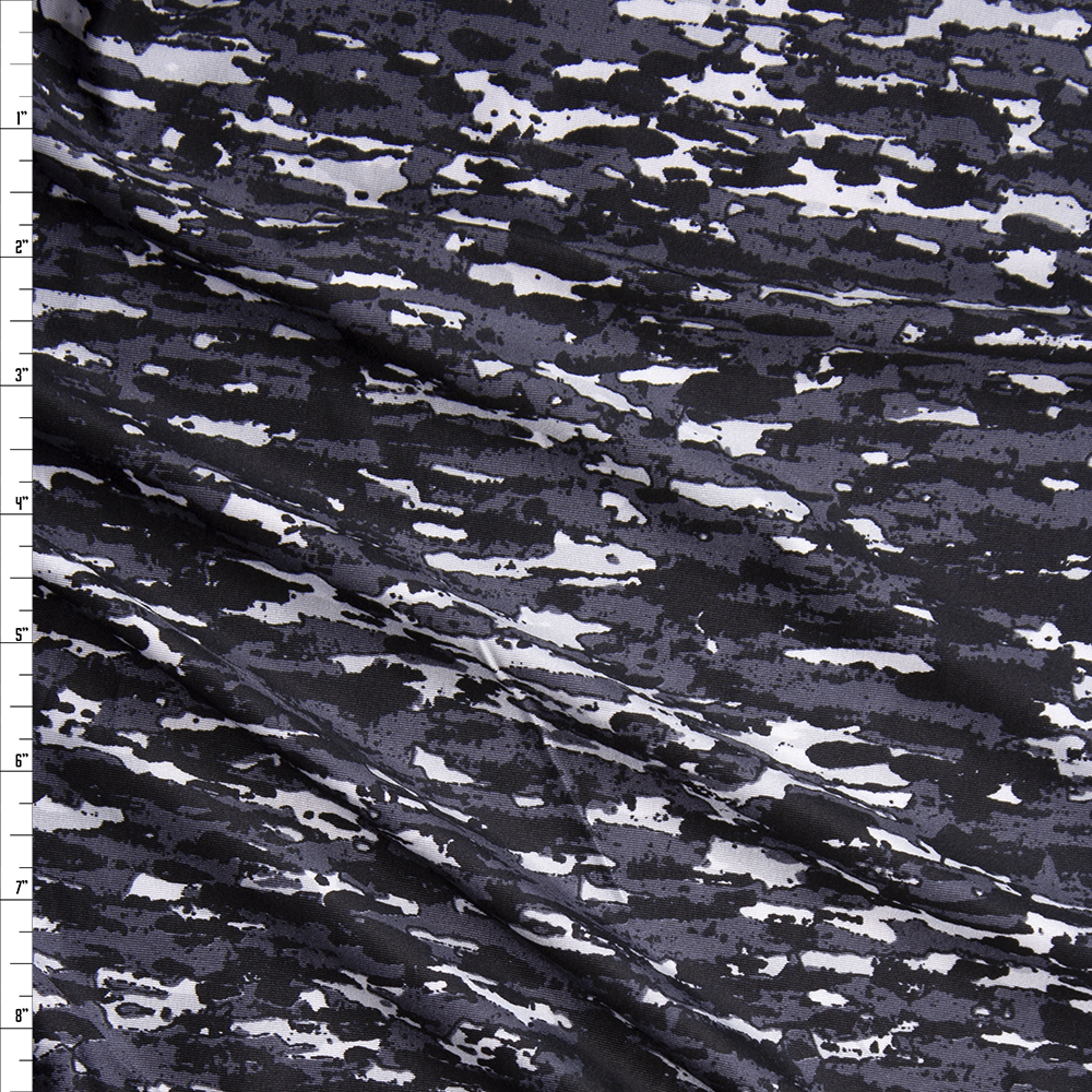 Black, Grey, and White Grunge Micro Camouflage Nylon/Spandex Fabric By The Yard