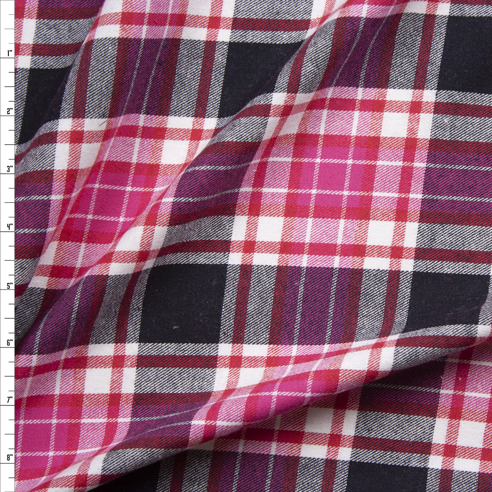 Pink, Black, White, and Red Plaid Cotton Flannel Fabric By The Yard