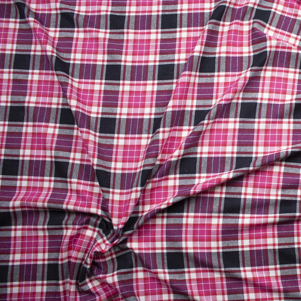 Pink, Black, White, and Red Plaid Cotton Flannel Fabric By The Yard - Wide shot