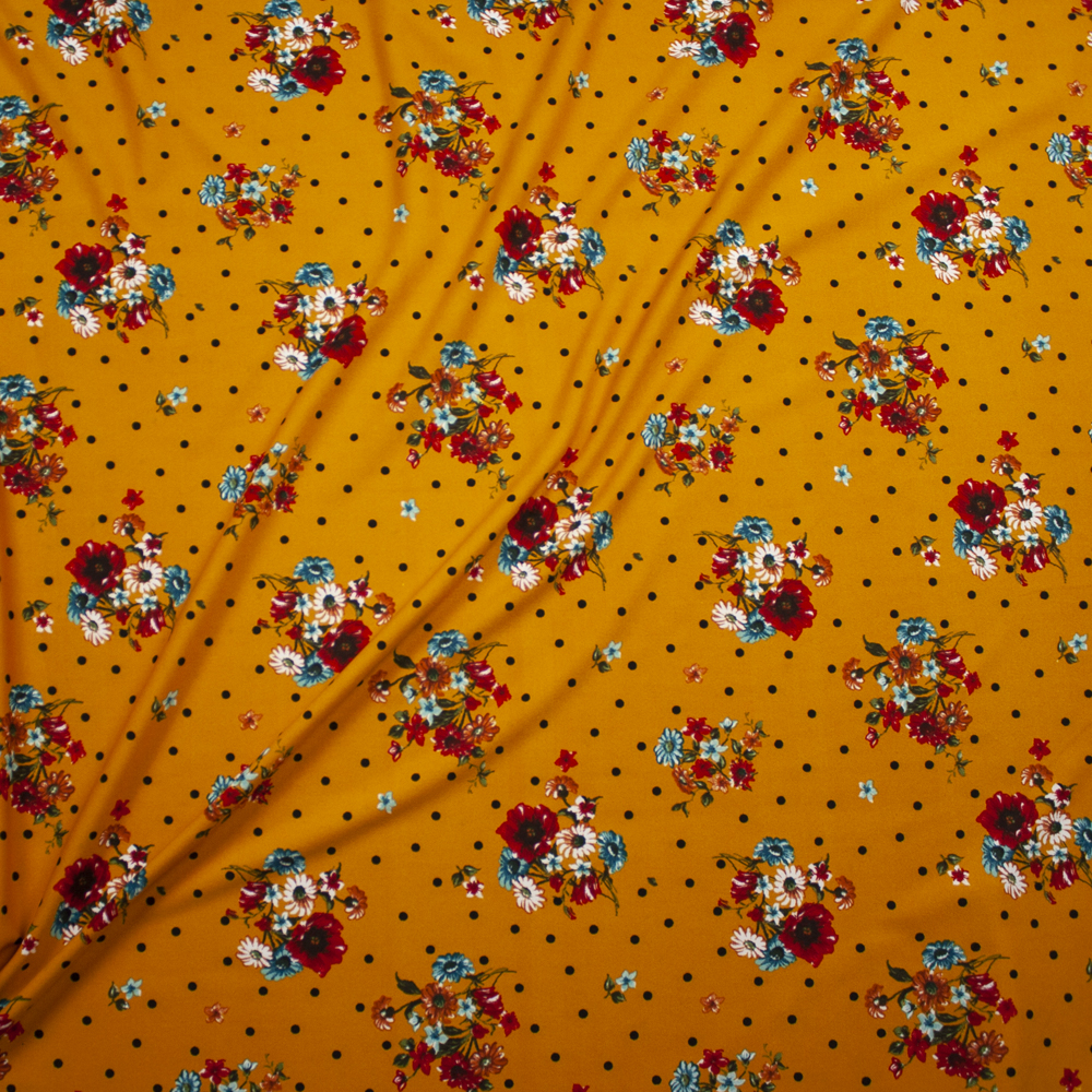 Red, Teal, and Rust Floral Clusters Black on Dijon Midweight Crepe Knit Fabric By The Yard - Wide shot