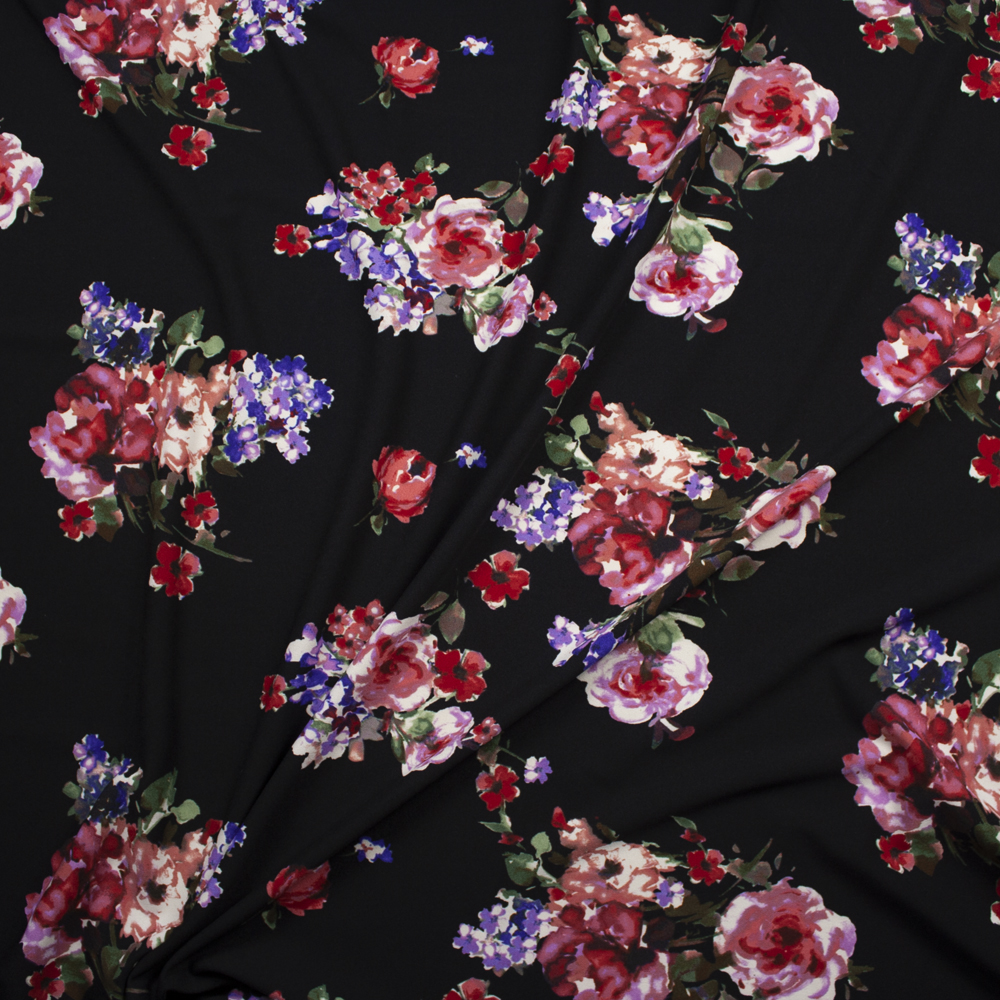 Watercolor Floral Cluster on Black Midweight Crepe Knit Fabric By The Yard - Wide shot