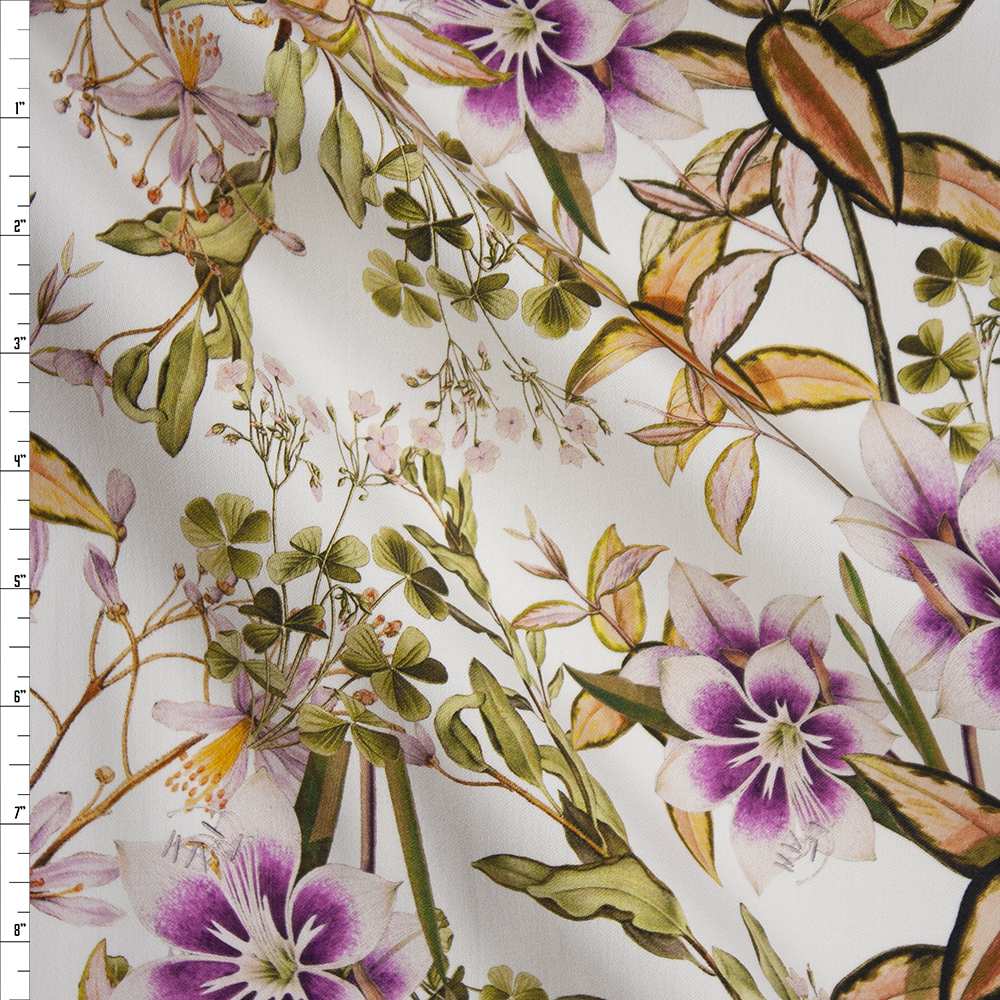 Plum and Lilac Floral on White Designer Stretch Sateen Fabric By The Yard