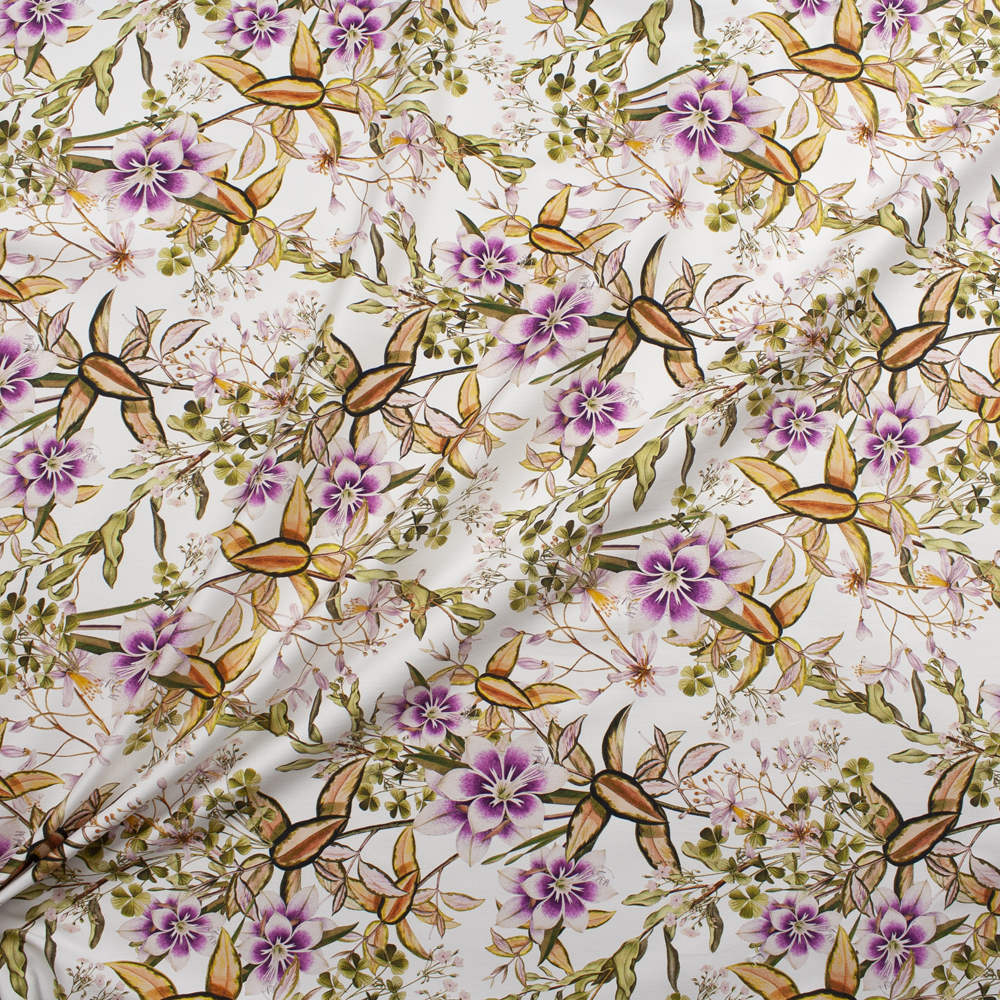 Plum and Lilac Floral on White Designer Stretch Sateen Fabric By The Yard - Wide shot