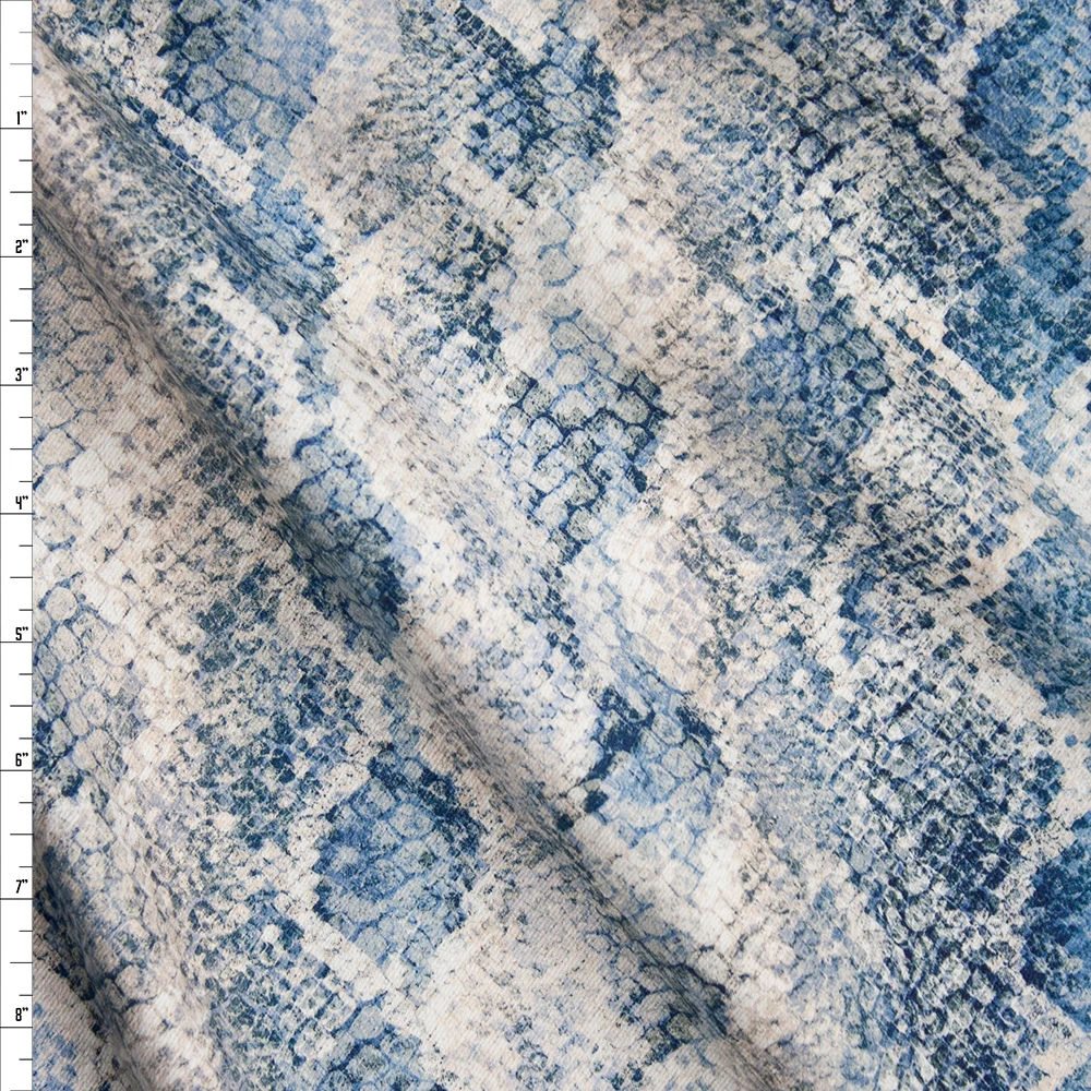 Blue and Ivory Snakeskin Designer Stretch Twill Fabric By The Yard