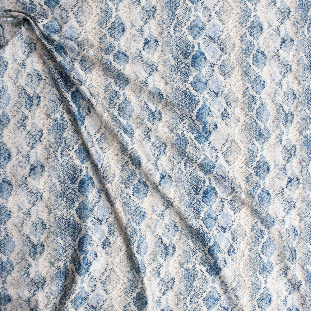 Blue and Ivory Snakeskin Designer Stretch Twill Fabric By The Yard - Wide shot