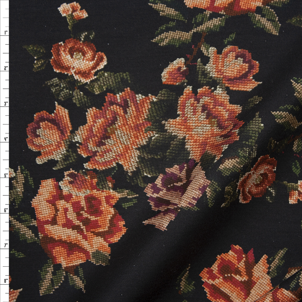 Orange and Mauve Needlepoint Look Floral on Black Designer Stretch Twill Fabric By The Yard