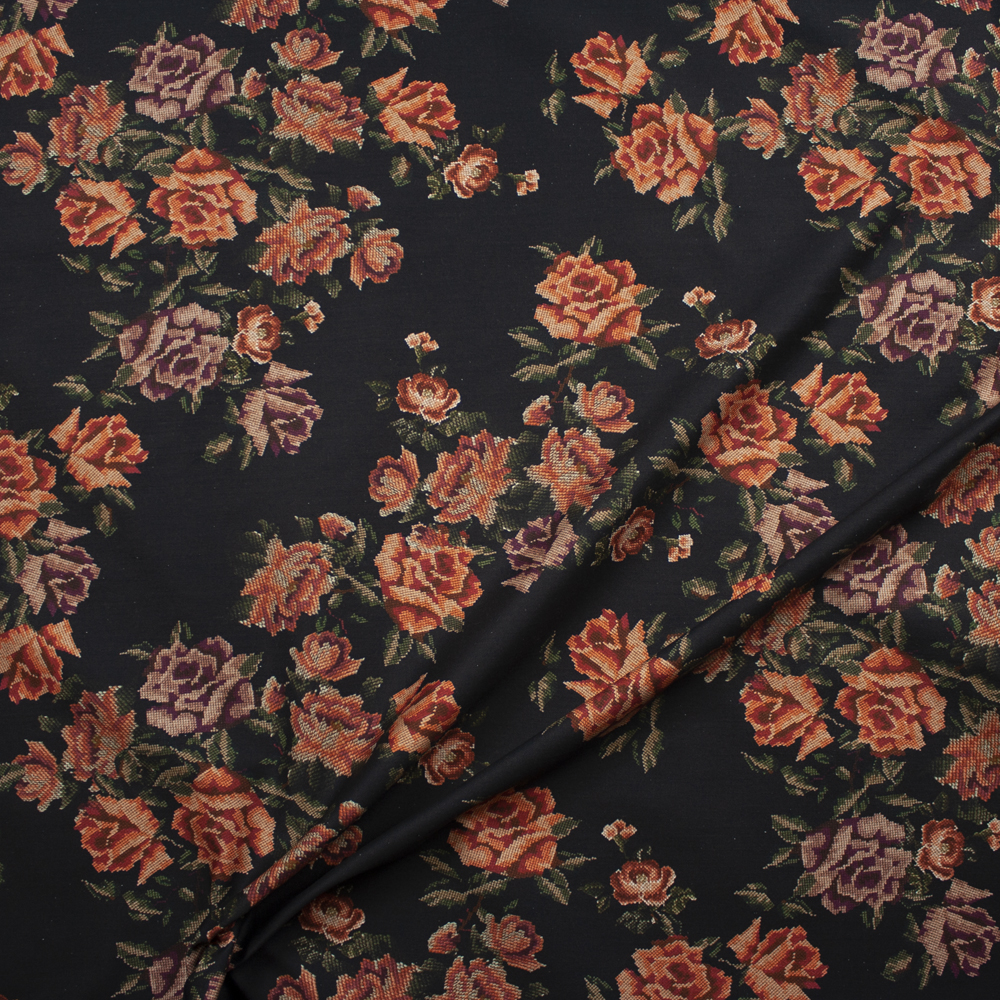 Orange and Mauve Needlepoint Look Floral on Black Designer Stretch Twill Fabric By The Yard - Wide shot