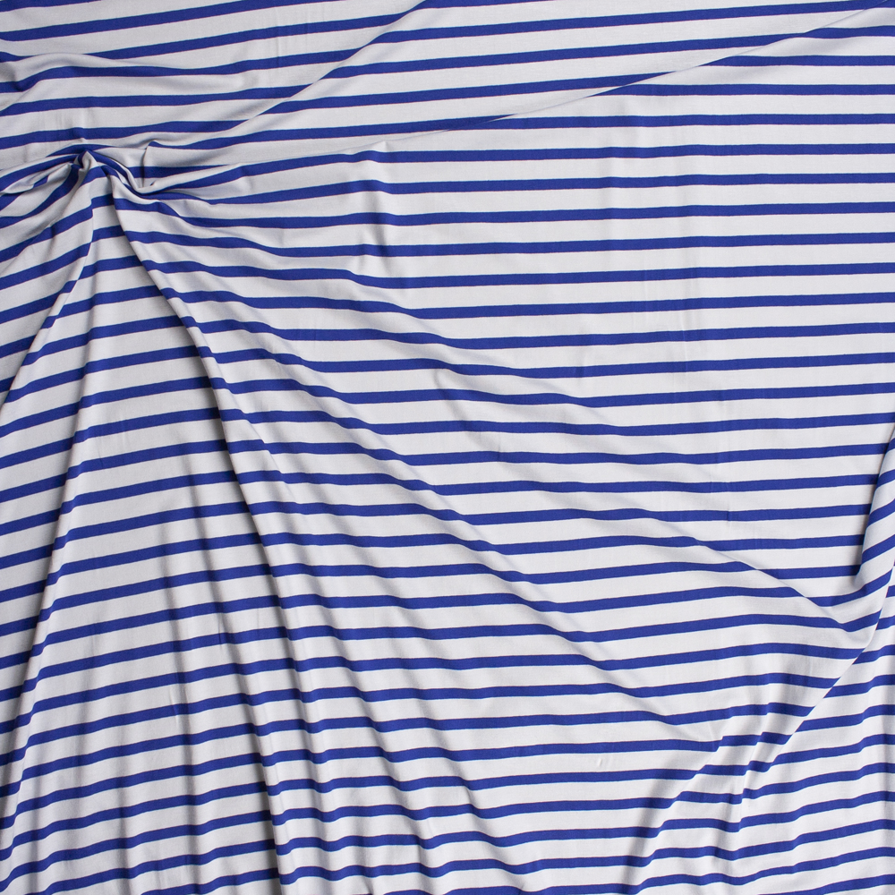 Blue and Offwhite Stripe Stretch Modal Jersey Knit Fabric By The Yard - Wide shot