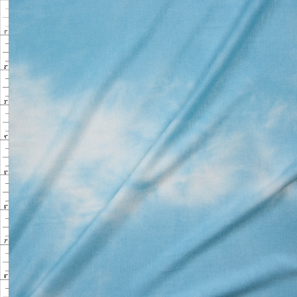 Aqua and White Tie Dye Stretch Rayon Jersey Fabric By The Yard