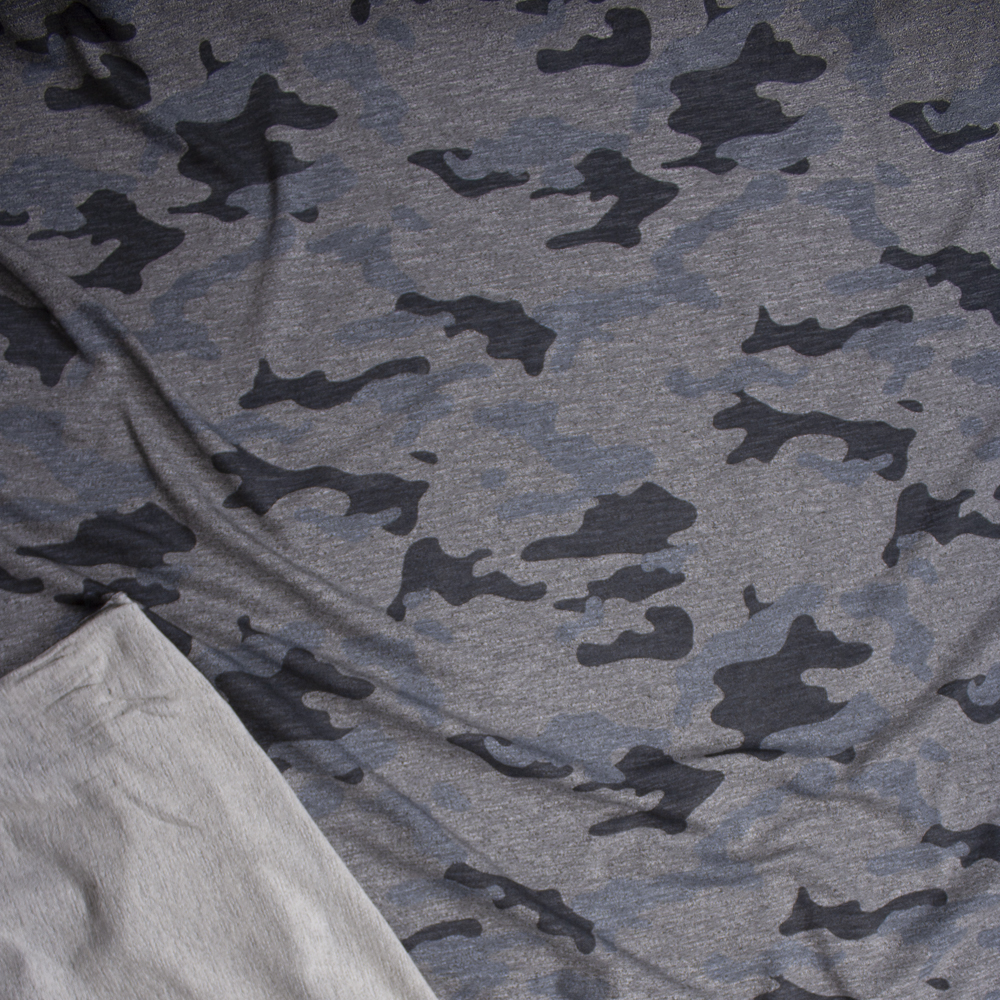 Grey Camouflage Stretch Rayon French Terry Fabric By The Yard - Wide shot