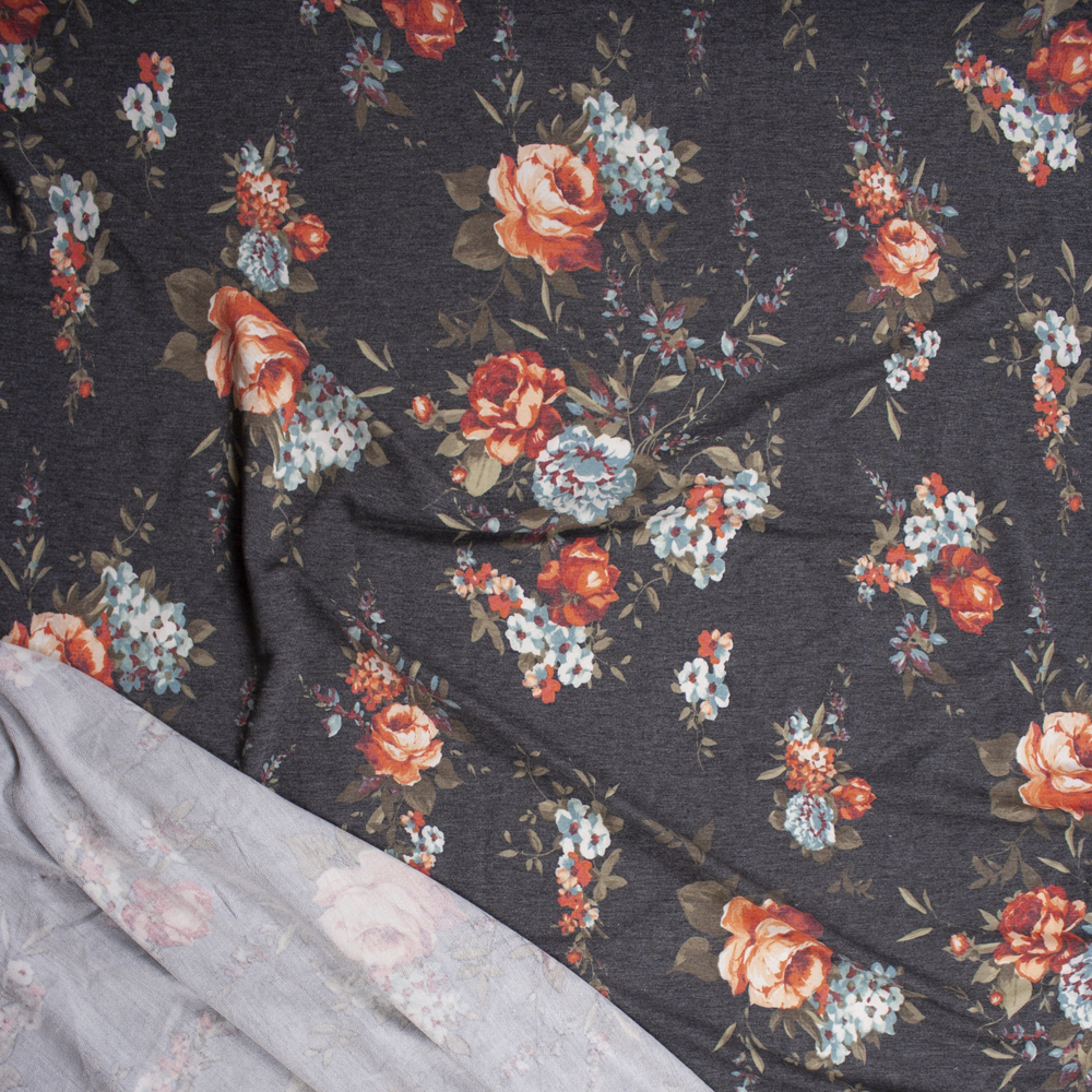 Red Orange, Blue, and Tan Rose Floral on Charcoal Heather Stretch Rayon French Terry Fabric By The Yard - Wide shot
