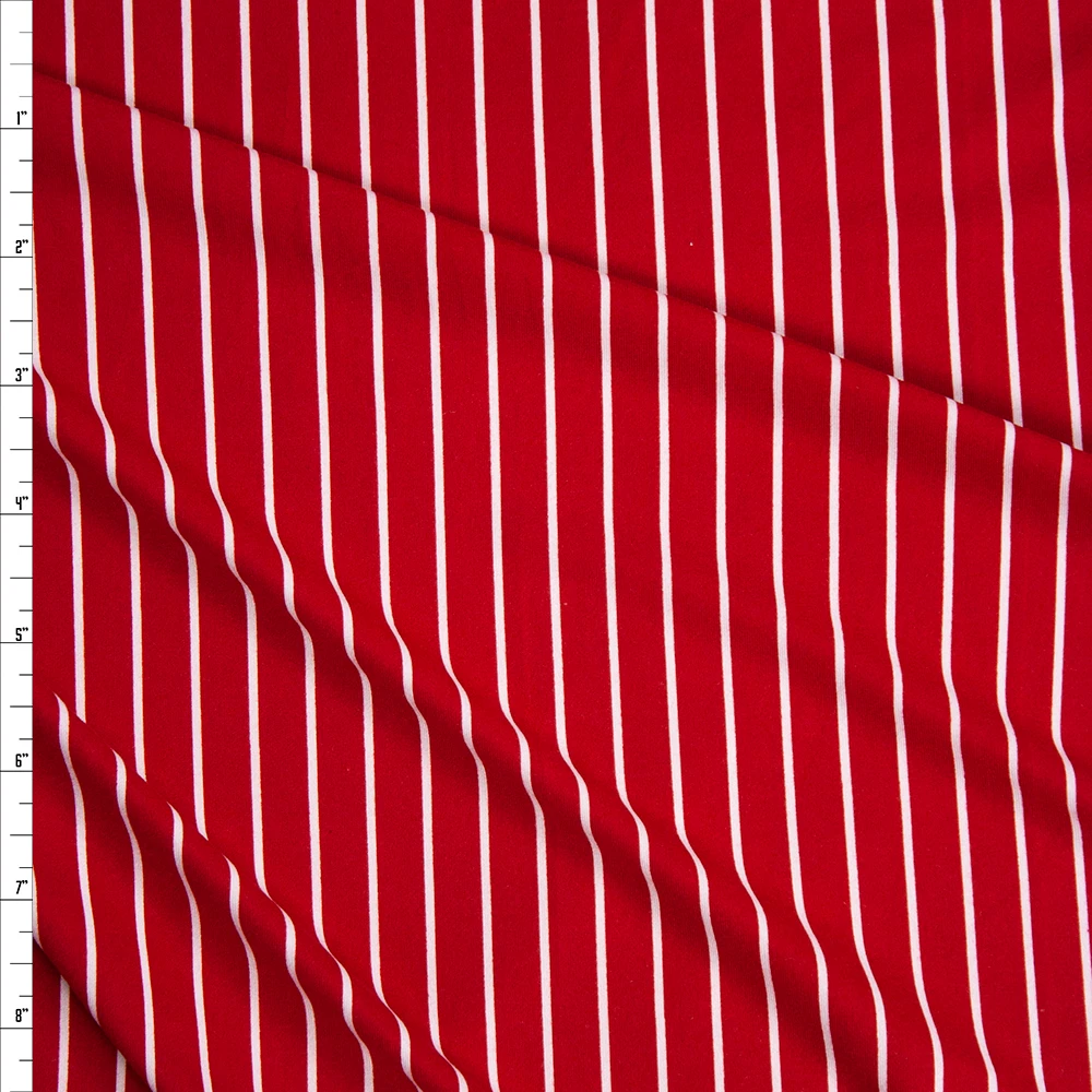 White on Red Vertical Stripe Double Brushed Poly/Spandex Fabric By The Yard